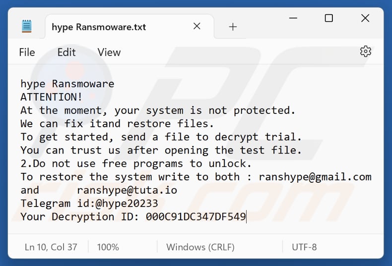 Ficheiro de texto do ransomware Hype (hype Ransmoware.txt)