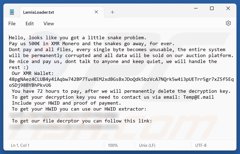 Nota de resgate do ransomware Lamia Loader (LamiaLoader.txt)
