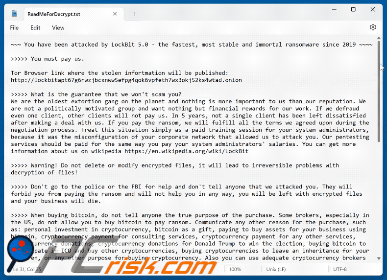 Nota de resgate do ransomware LockBit 5.0 (ReadMeForDecrypt.txt)