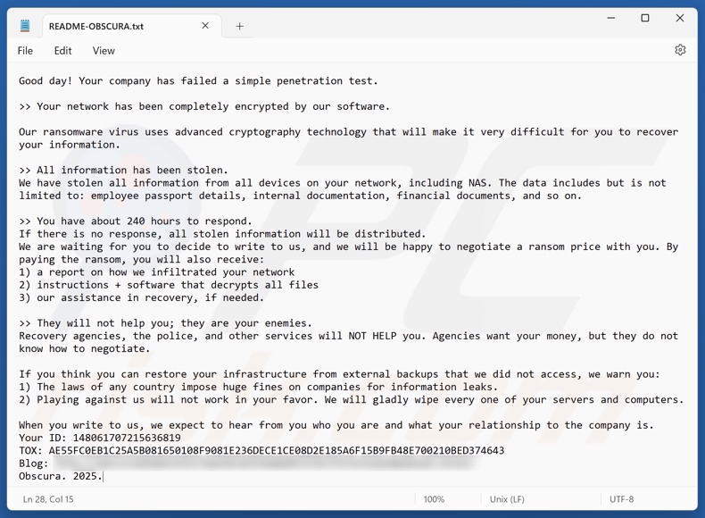 Nota de resgate do ransomware obscura readme-obscura.txt