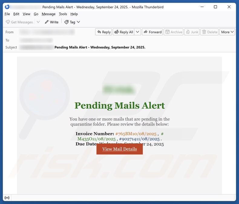 Campanha de spam por e-mail Pending Mails Alert