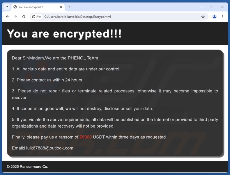 Nota de resgate do ransomware Phenol (Encrypt.html)