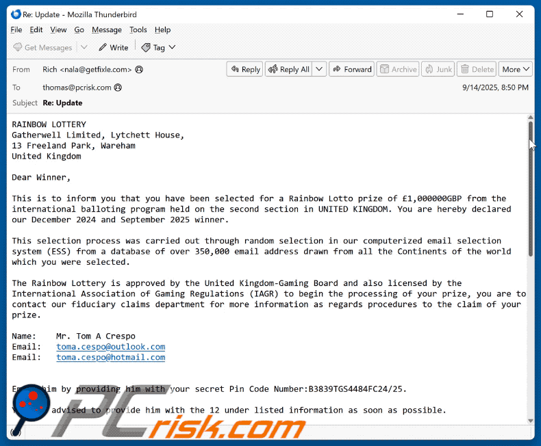 Aparência do e-mail fraudulento da Rainbow Lottery (GIF)
