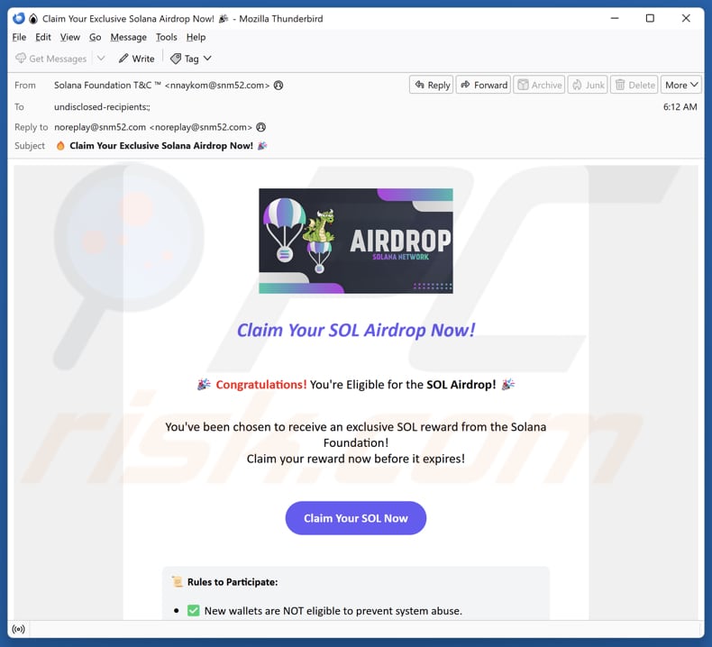 E-mail a promover o esquema Solana Community Airdrop