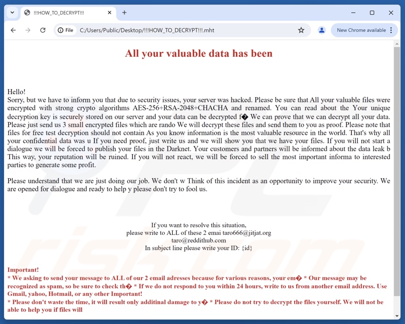 Nota de resgate do ransomware Taro (!! !HOW_TO_DECRYPT!!!.mht)