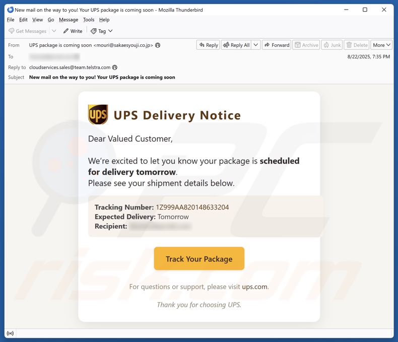 Campanha de spam por e-mail com aviso de entrega da UPS