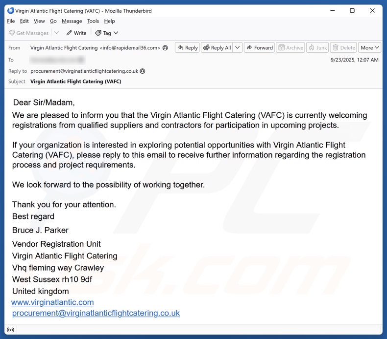 Campanha de spam por e-mail da Virgin Atlantic Flight Catering (VAFC)