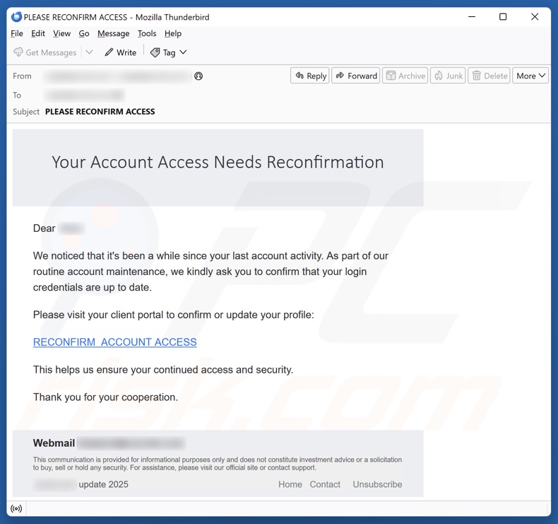 campanha de spam por e-mail Your Account Access Needs Reconfirmation
