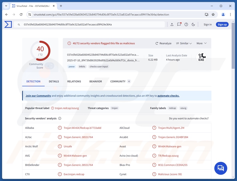 Detecções do malware ZynorRAT no VirusTotal