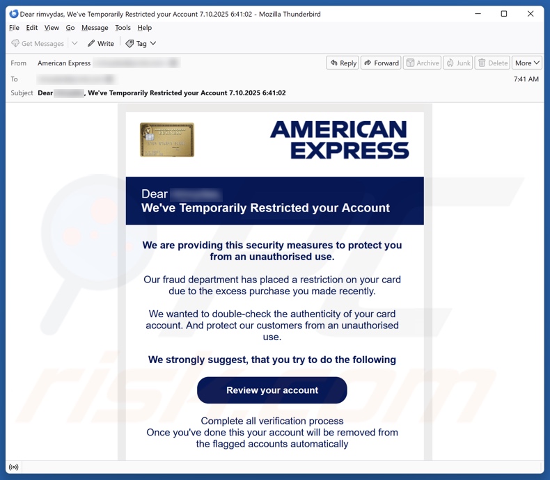 American Express - Account Restricted campanha de spam por e-mail