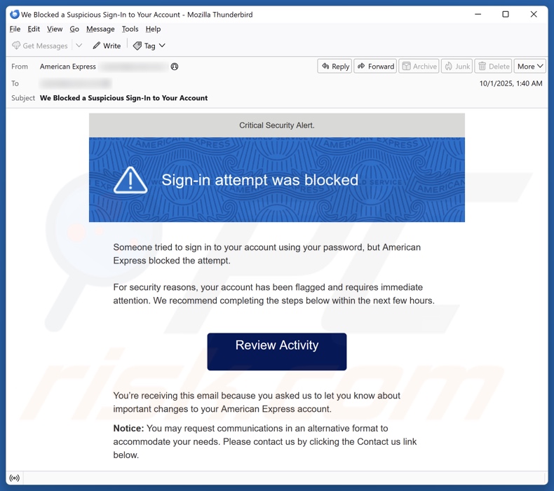 American Express - Sign-in Attempt Was Blocked Email Fraude