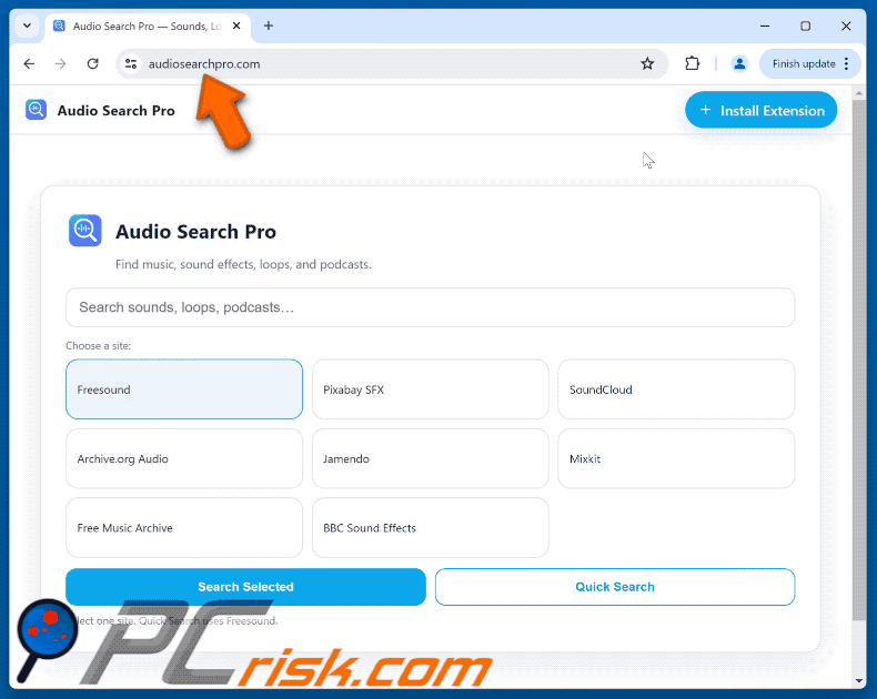 Audio Search Pro sequestrador de navegador redirecionando para audiosearchpro.com (GIF)