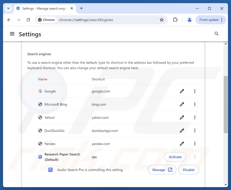 Removendo audiosearchpro.com do motor de pesquisa padrão do Google Chrome
