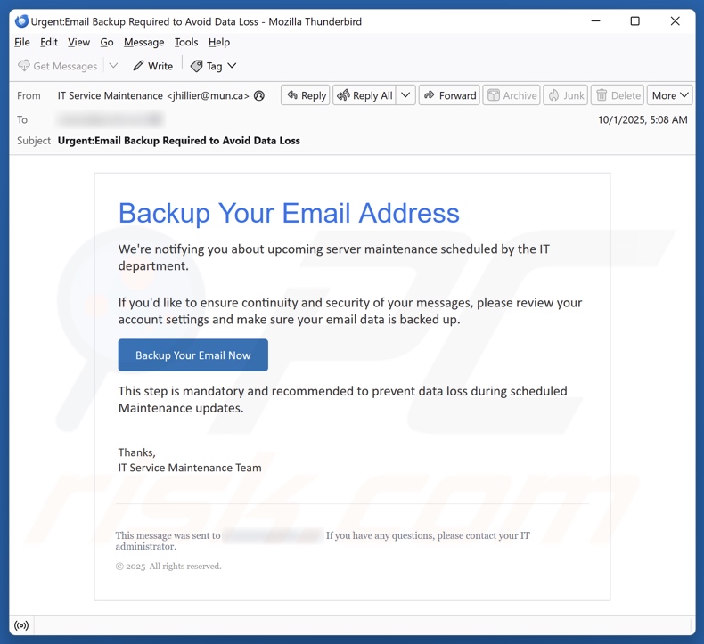 Campanha de spam de e-mail Backup Your Email Address