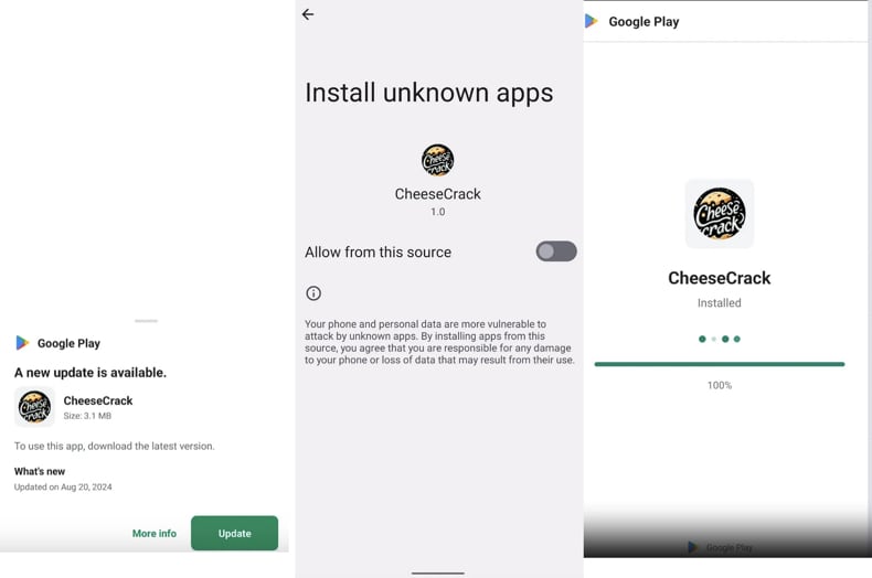 ClayRat malware ecrã falso de atualização do Google Play (fonte: zimperium.com)