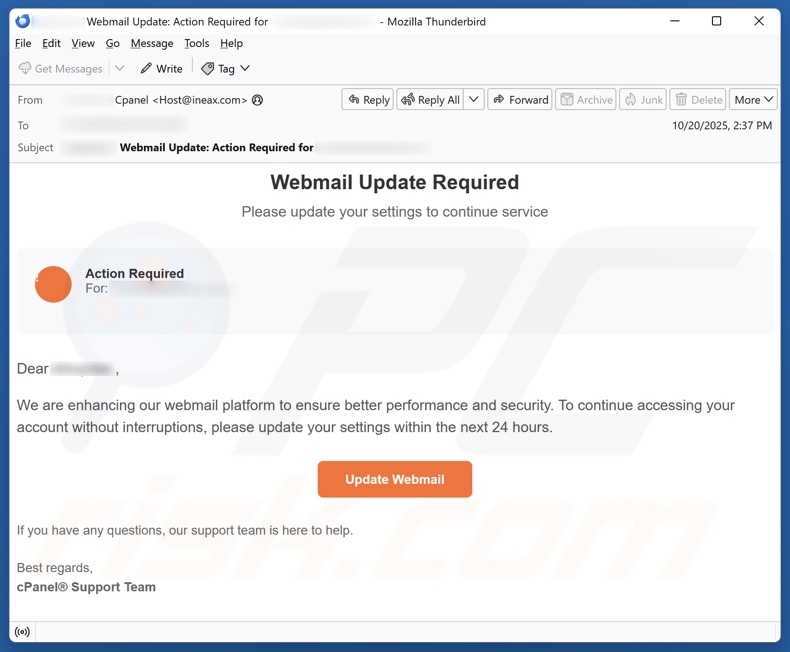 cPanel - Webmail Update Required campanha de spam por e-mail