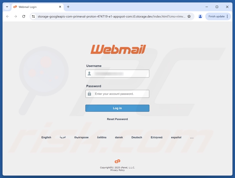 cPanel - Webmail Update Required e-mail fraudulento promovendo site de phishing