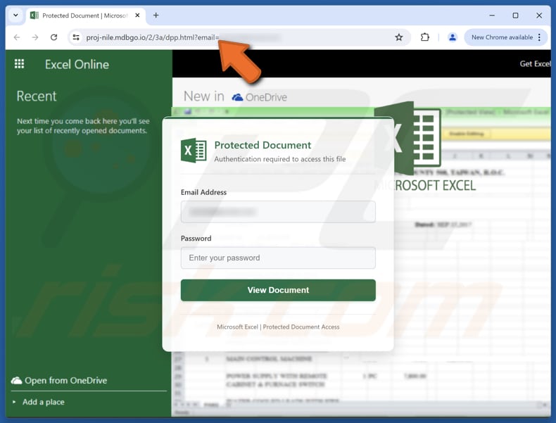 Excel Online Manager Página de phishing de e-mail fraudulento