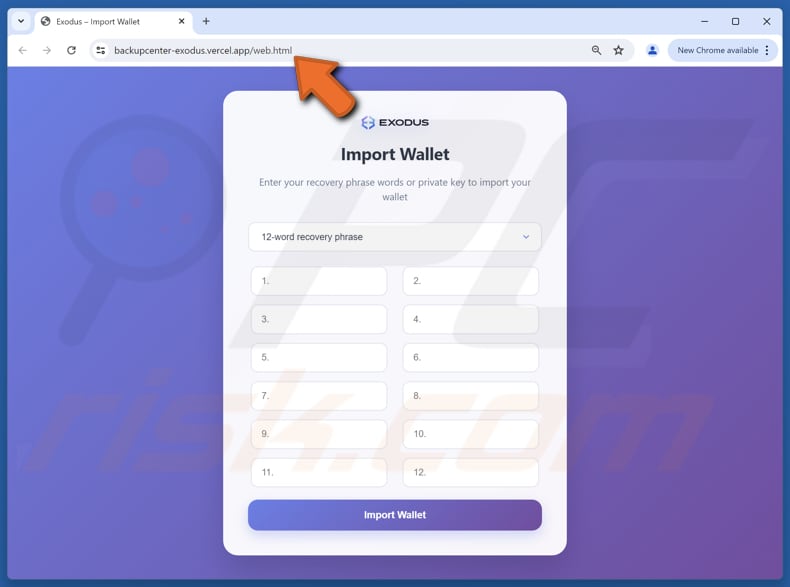 Exodus Wallet Verification Site falso de fraude por e-mail