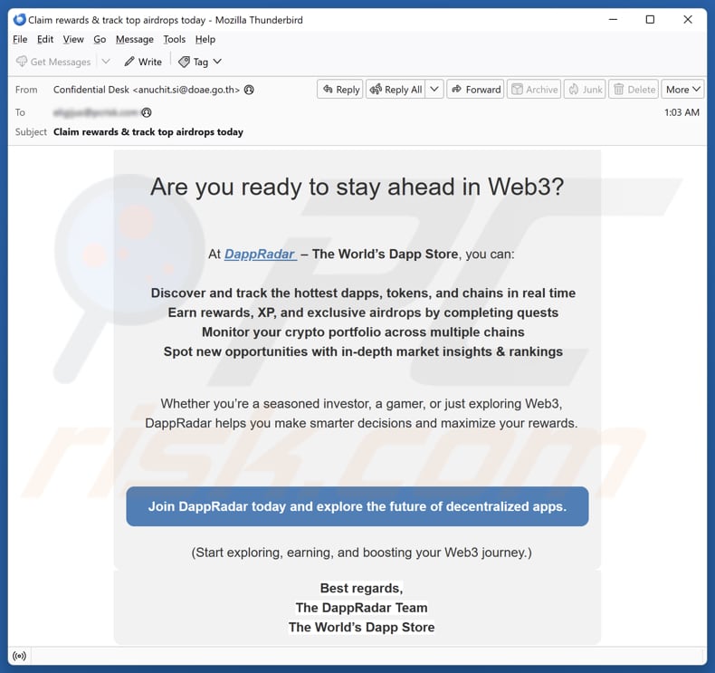E-mail falso promovendo o site falso DappRadar