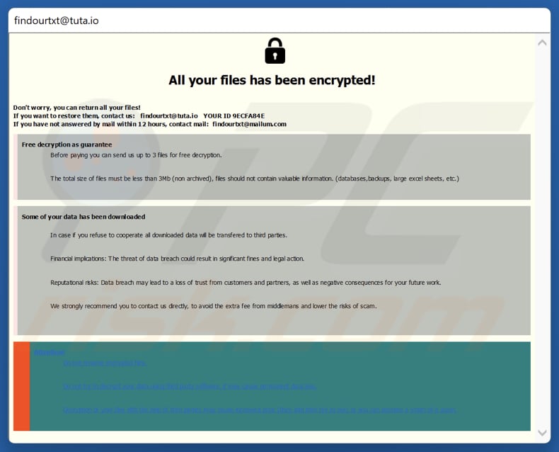 Nota de resgate do ransomware FIND (janela pop-up)