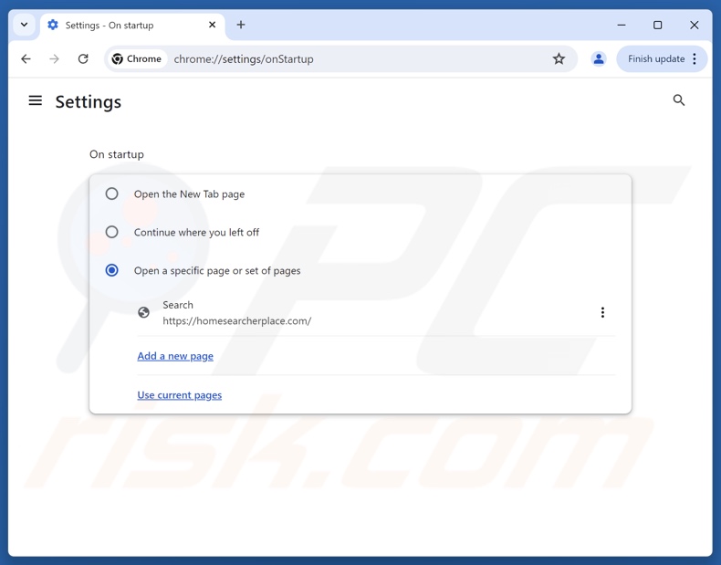 Removendo homesearcherplace[.]com da página inicial do Google Chrome