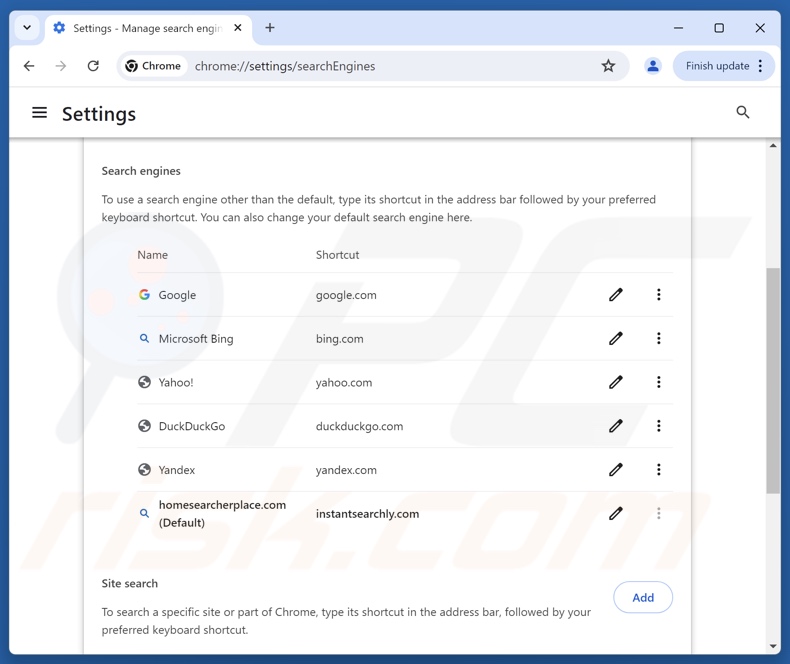 Removendo homesearcherplace[.]com do motor de pesquisa padrão do Google Chrome
