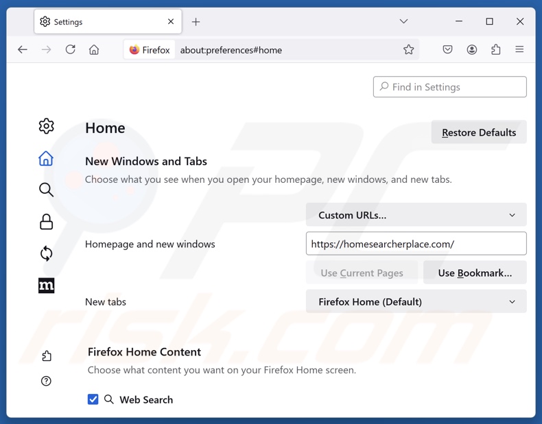 Removendo homesearcherplace[.]com da página inicial do Mozilla Firefox