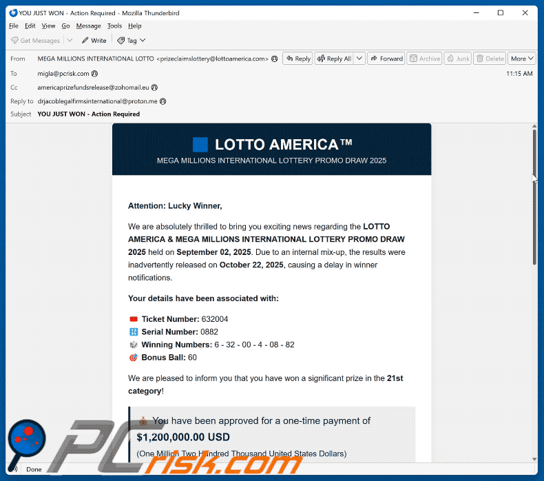 LOTTO AMERICA e-mail fraudulento (2025-10-23)