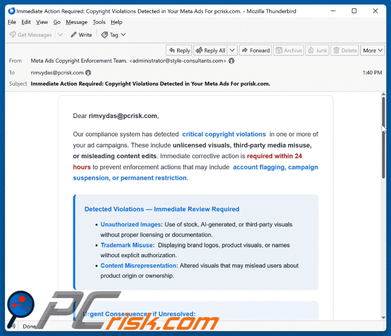 Meta Ads Critical Copyright Violations aparência fraudulenta