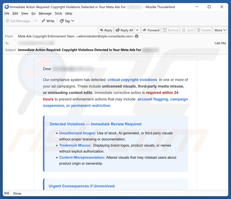 Email Account Failure Notice campanha de spam por e-mail