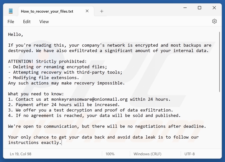 Monkey ransomware nota de resgate (How_to_recover_your_files.txt)