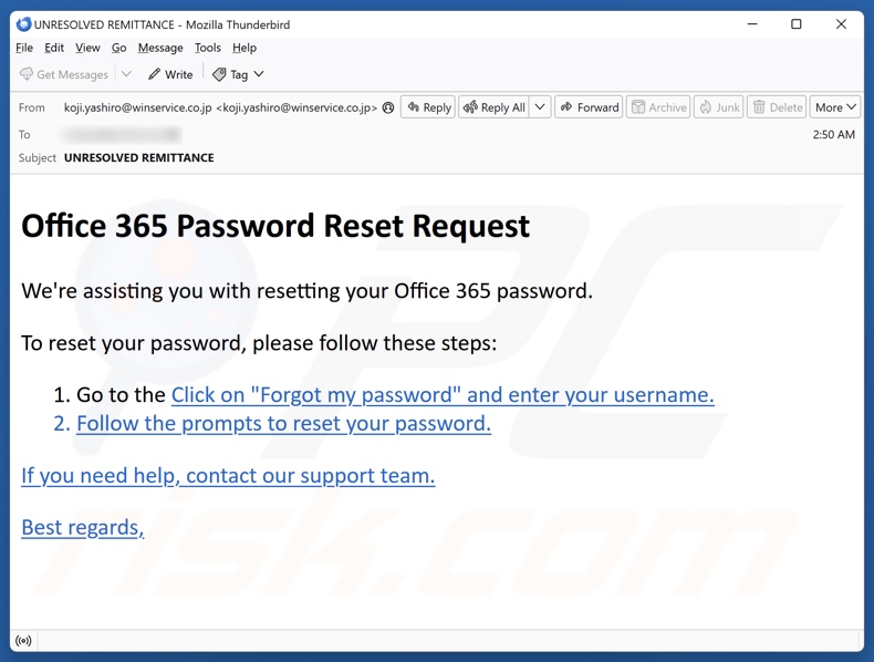 Office 365 Password Reset Request campanha de spam por e-mail