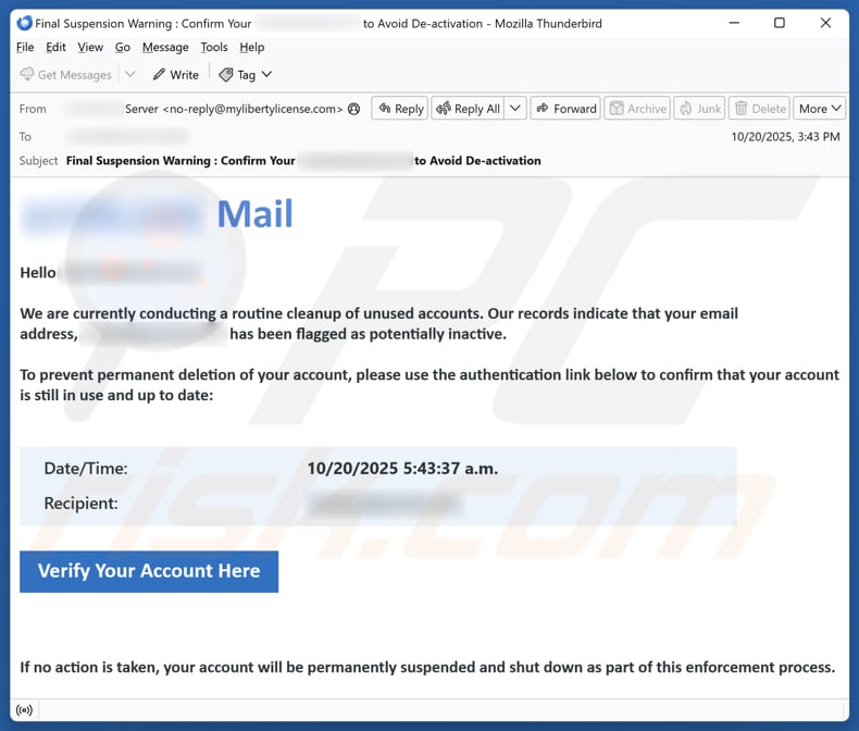 Email Account Failure Notice campanha de spam por e-mail