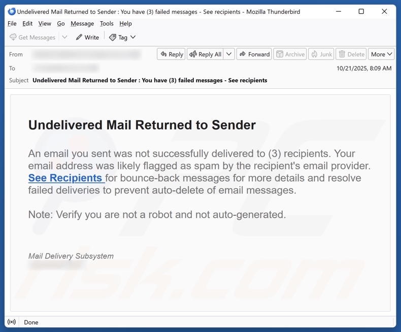 Undelivered Mail Returned To Sender campanha de spam por e-mail