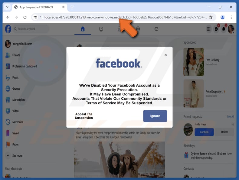 Golpe Desativámos a sua conta do Facebook