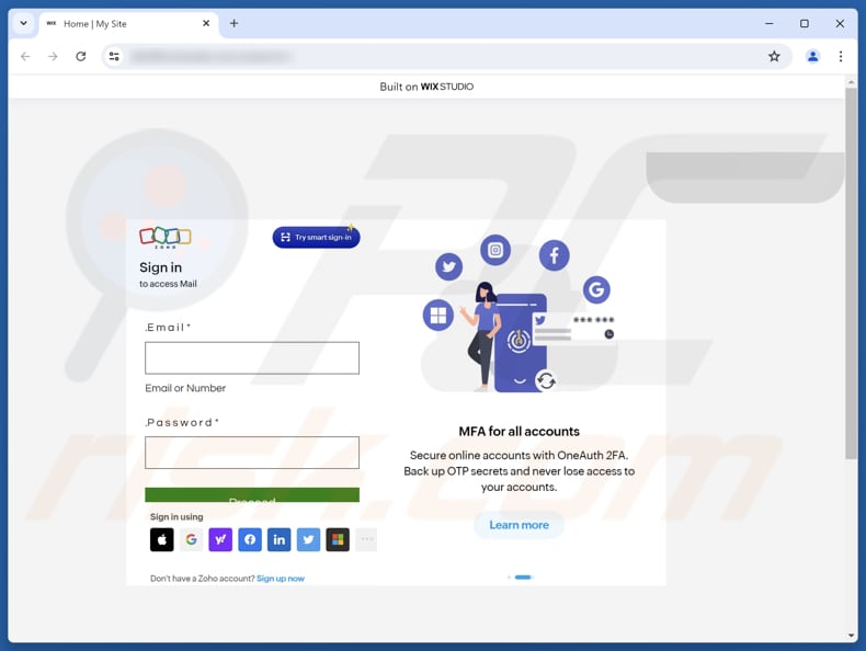Zoho Mail + Wix Mail Studio Merger Upgrade Site fraudulento de phishing