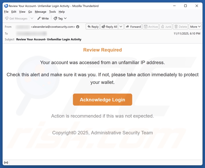 Account Accessed From An Unfamiliar IP Address campanha de spam por e-mail