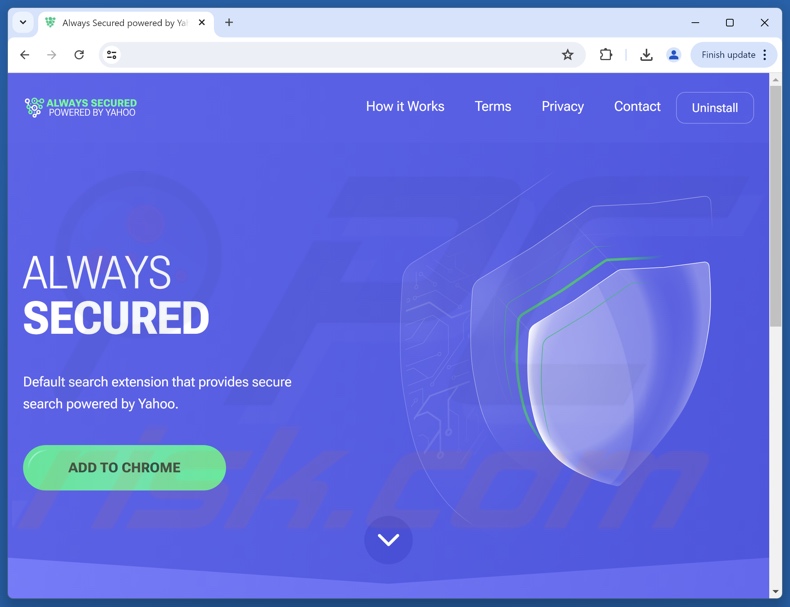 Site usado para promover o Always Secured, desenvolvido pelo sequestrador de navegador Yahoo