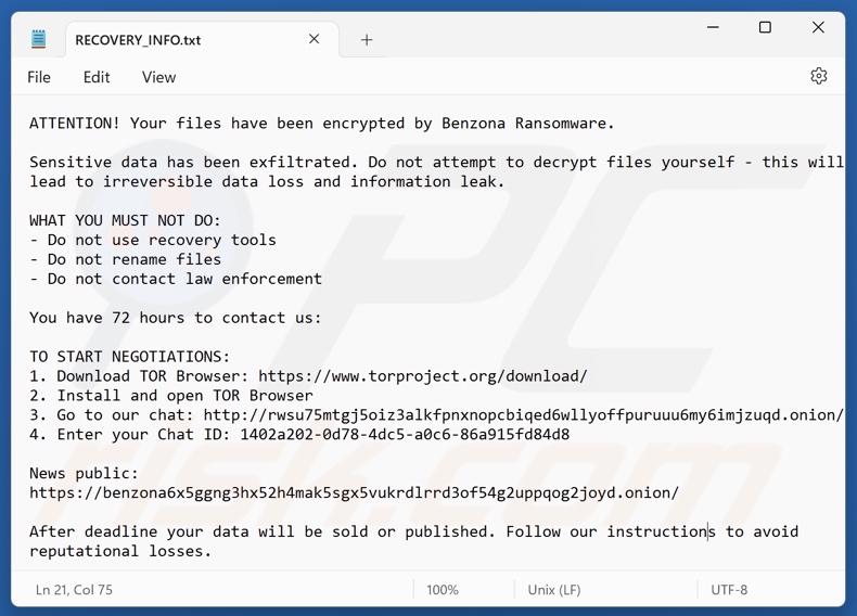 Benzona ransomware nota de resgate (RECOVERY_INFO.txt)