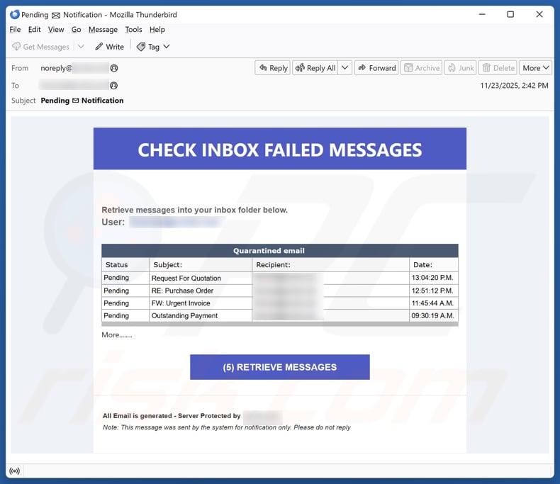 Check Inbox Failed Messages campanha de spam por e-mail