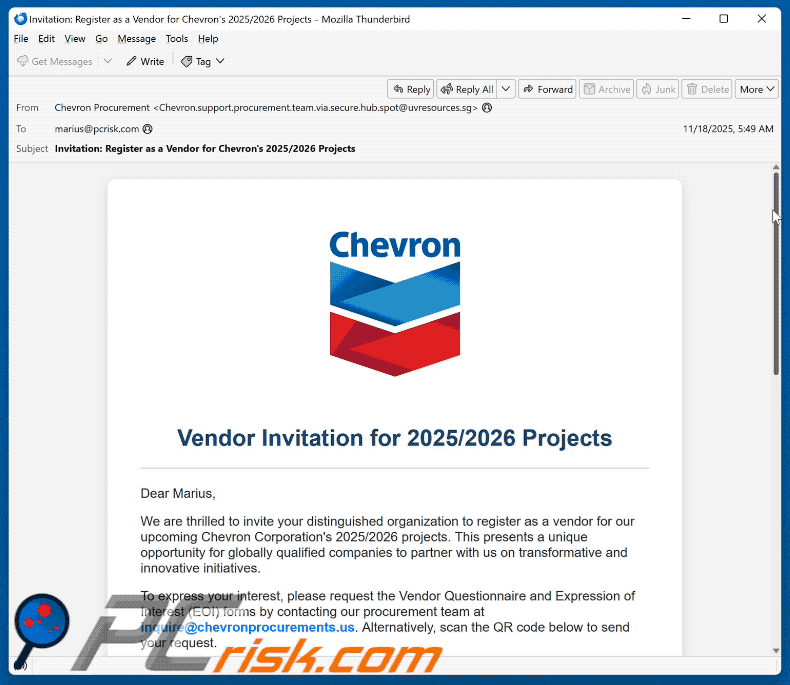 Chevron - Vendor Invitation Aparência do e-mail fraudulento
