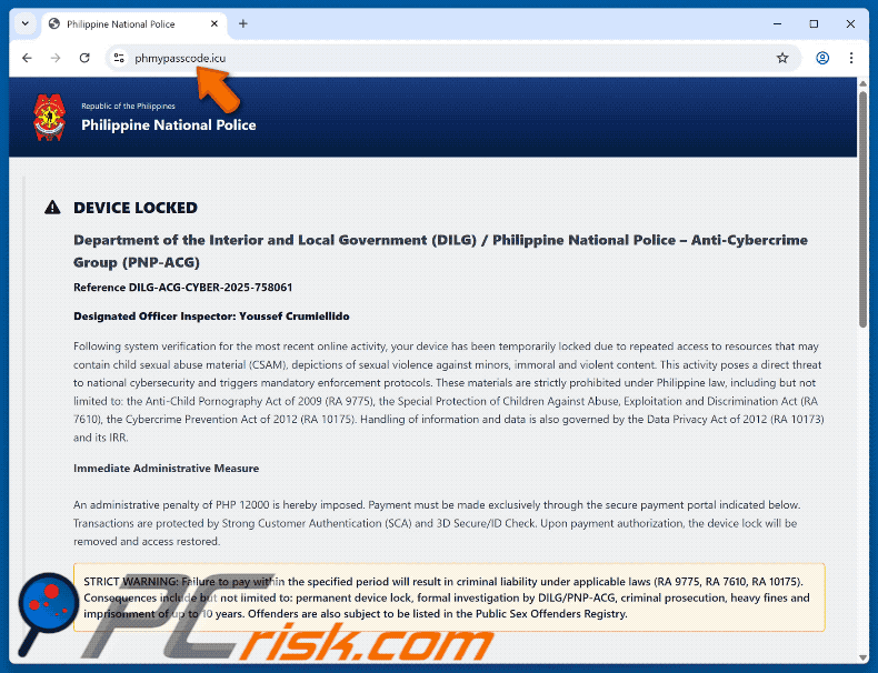 Aparência do dispositivo bloqueado devido ao acesso a conteúdo ilegal (GIF)