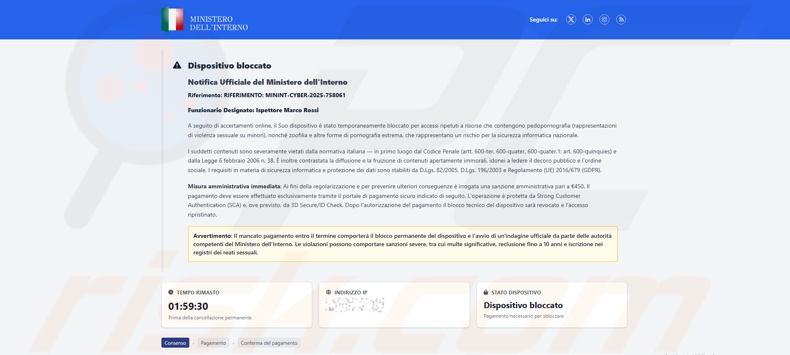 Aparência do dispositivo bloqueado devido ao acesso a conteúdo ilegal (variante italiana)
