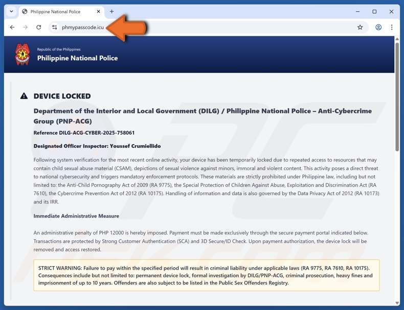 Device Locked Due To Access To Illegal Content fraude (variante inglesa)