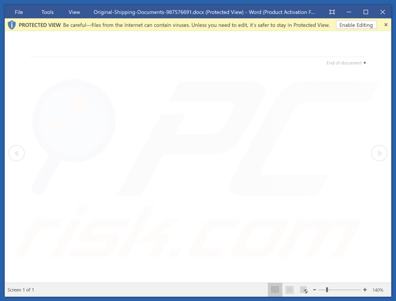 Anexo malicioso distribuído através da DHL - Campanha de spam com cópias digitais dos seus documentos de envio (Original-Shipping-Documents-987576691.docx)