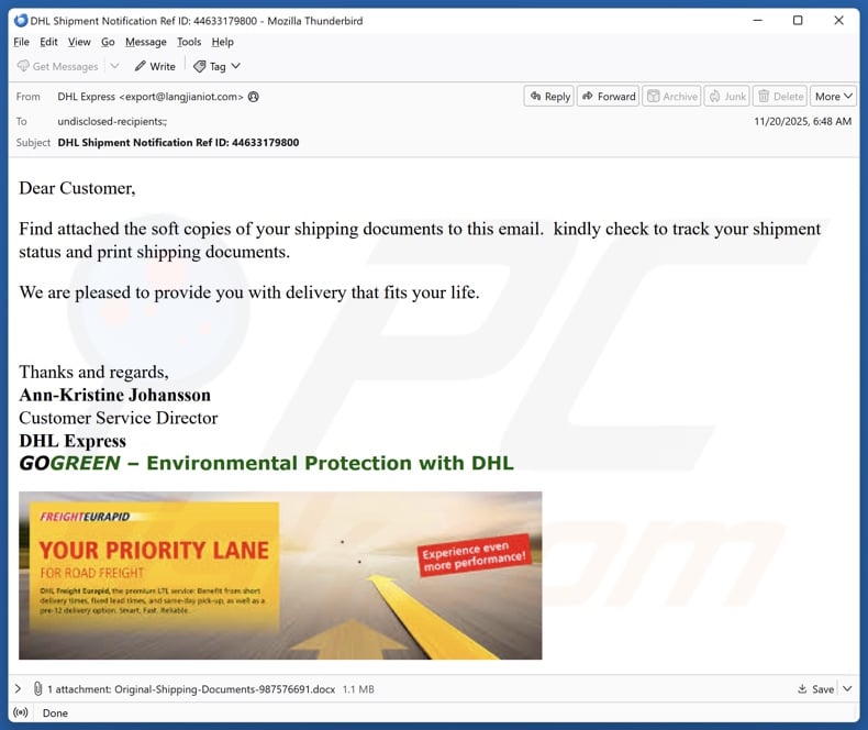 DHL - Soft Copies Of Your Shipping Documents malspam
