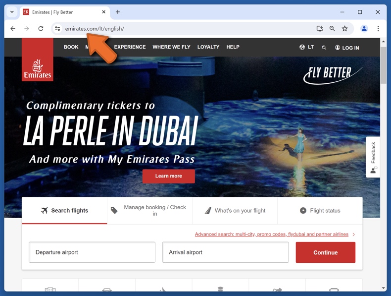 Aparência do site real da Emirates (emirates.com)