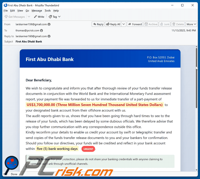 First Abu Dhabi Bank - Funds Transfer Documents aparência de e-mail fraudulento (GIF)