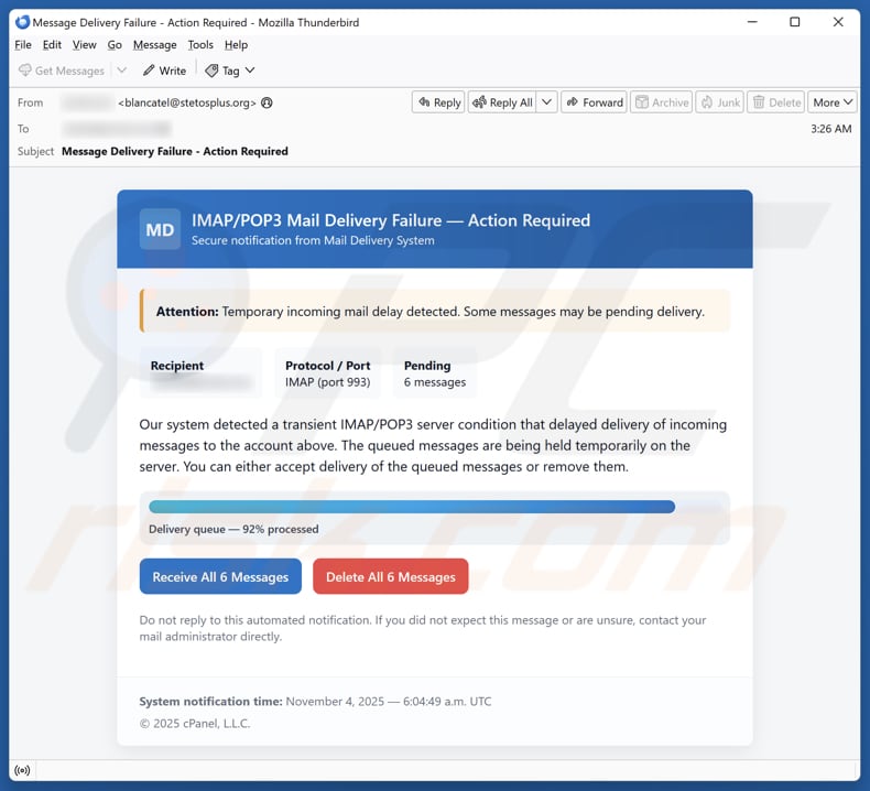 Email Account Failure Notice campanha de spam por e-mail